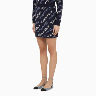 Shop Kenzo Midnight Blue Cotton And Wool Mini Skirt With Elastic Waistband And Logo Print In Multicolor