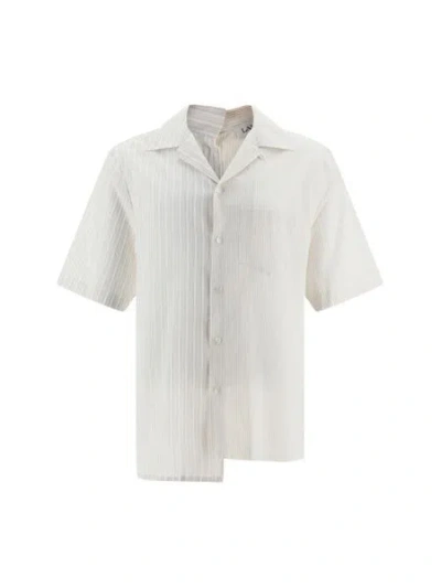 Shop Lanvin Men's Asymmetric Mix-stripe Buttoned Shirt In Chalk In White