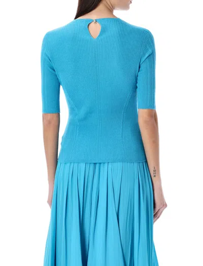 Shop Lanvin Turquoise Short Sleeves Wool, Cashmere, And Silk Blend Sweater For Women