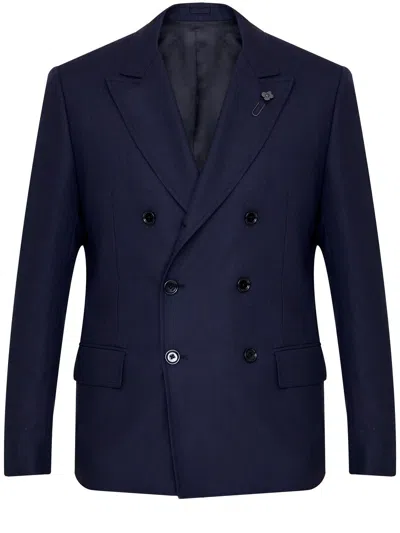 Shop Lardini Double-breasted Wool Jacket In Navy For Men In Blue