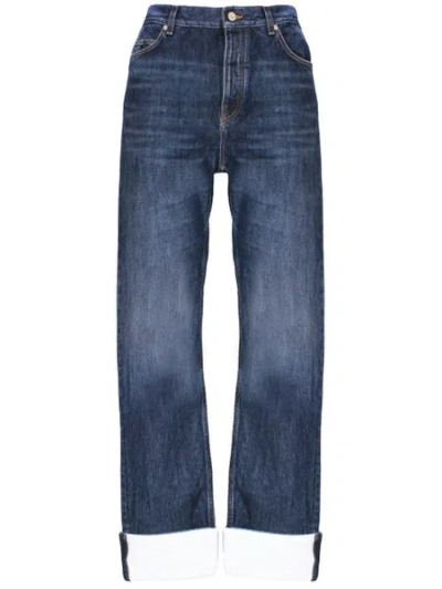 Shop Loewe Men's Mid Waist Straight-leg Fisherman Jeans In Blue Cotton Denim With Contrast Turn-up Cuffs