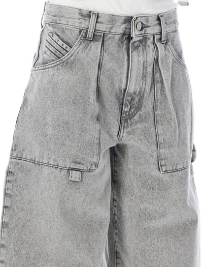 Shop Attico Low Waist Denim Jeans With Front Patch Pockets And Embroidered Logo By The  In Gray