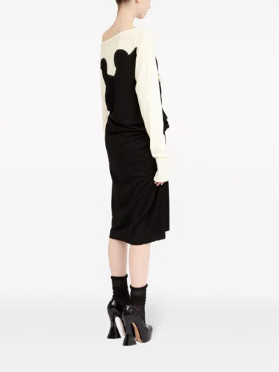 Shop Maison Margiela Black And Off-white Knit Midi Dress With Contrast Stitching And Ruched Detailing In Black Cream