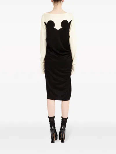 Shop Maison Margiela Black And Off-white Knit Midi Dress With Contrast Stitching And Ruched Detailing In Black Cream