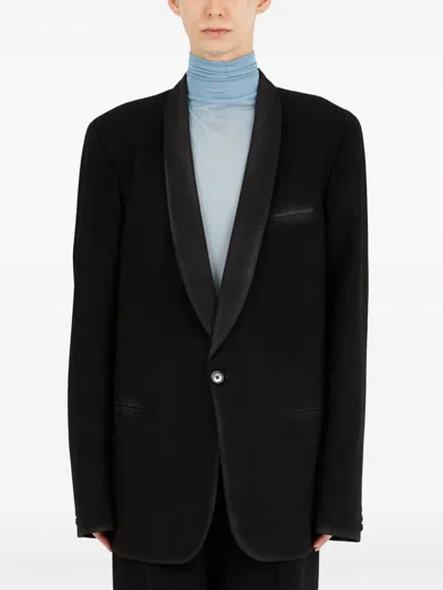 Shop Maison Margiela Black Wool Single-breasted Blazer Jacket With Signature Four-stitch Logo And Satin Trim