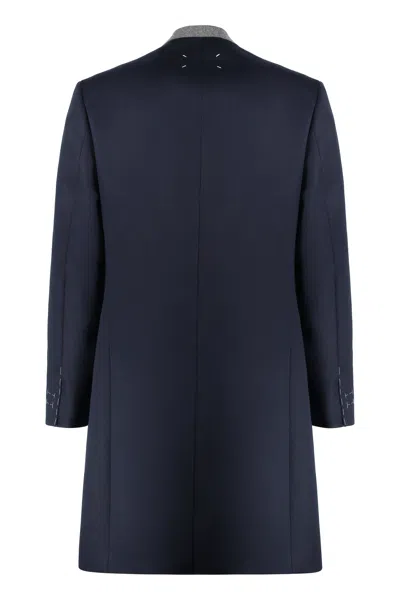 Shop Maison Margiela Blue Wool Jacket For Men With Contrasting Neckline And Back Slit Hem