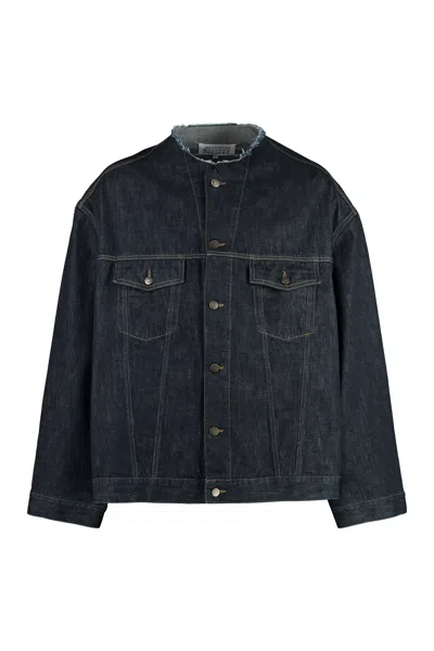Shop Maison Margiela Men's Frayed Denim Jacket With Contrast Stitching And Pockets In Blue