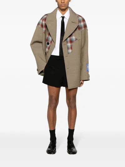 Shop Maison Margiela Tan Wool Blend Caban Jacket With Pendleton Detail And Plaid Check Design In Beige