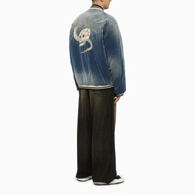 Shop Miharayasuhiro Blue Cotton Bomber Jacket With Embroideries