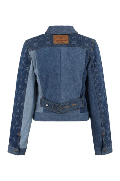 Shop Marine Serre Blue Denim Jacket With Monogram Print And Contrast Stitching For Women