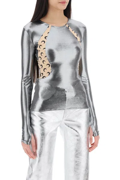 Shop Marine Serre Charcoal Gray Second-skin Effect Long-sleeved Top With Iconic All Over Moon Print In Grey