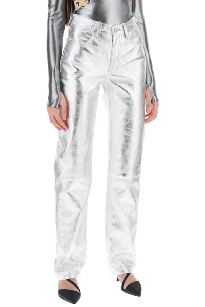 Shop Marine Serre Gray Moonogram Laminated Leather Pants For Women In Grey
