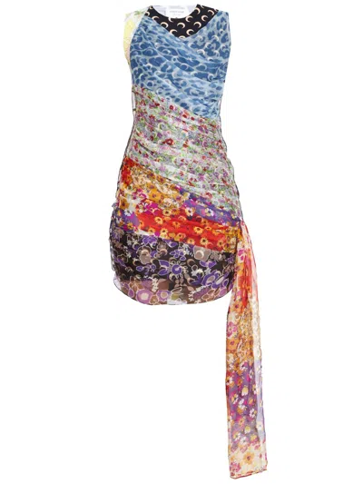 Shop Marine Serre Multicolor Regenerated Silk Scarves Dress With Asymmetric Hem For Women