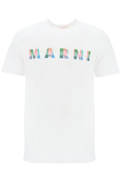 Shop Marni Checkered Organic Cotton T-shirt With Personalized Logo Print In White
