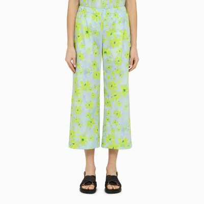 Shop Marni Aquamarine Floral Cotton Cropped Trousers For Women In Light Blue