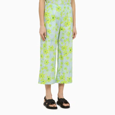 Shop Marni Aquamarine Floral Cotton Cropped Trousers For Women In Light Blue