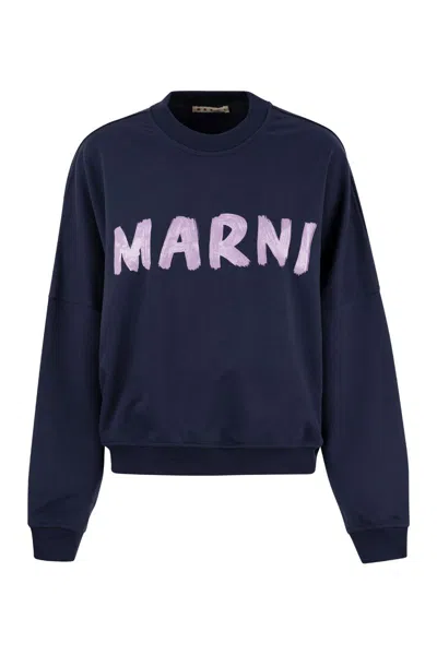 Shop Marni Organic Cotton Sweatshirt With Chic  Logo Print For Women In Blue