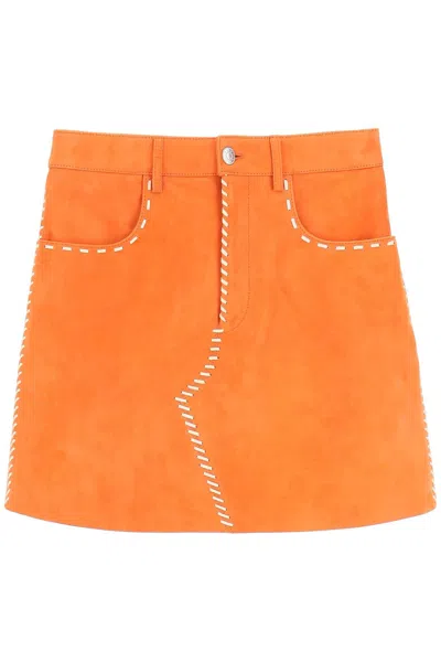 Shop Marni Orange Suede Mini Skirt With Contrasting Stitching, High Waist, And Regular Fit
