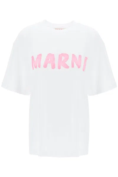 Shop Marni Women's White Crewneck T-shirt With Logo Print