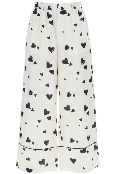 Shop Marni Romantic Silk Pajama Pants With Hearts Motif For Women In White