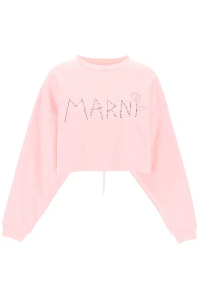 Shop Marni Short Sleeve Boxy Sweatshirt With Hand-embroidered Logo And Floral Detail In Pink
