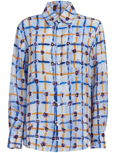 Shop Marni Unique Mix-print Pointed Collar Silk Shirt In Blue