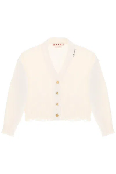 Shop Marni White Short Cardigan With Embroidered Lettering