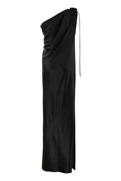Shop Max Mara Elegant One-shoulder Silk Satin Dress For Women In Black