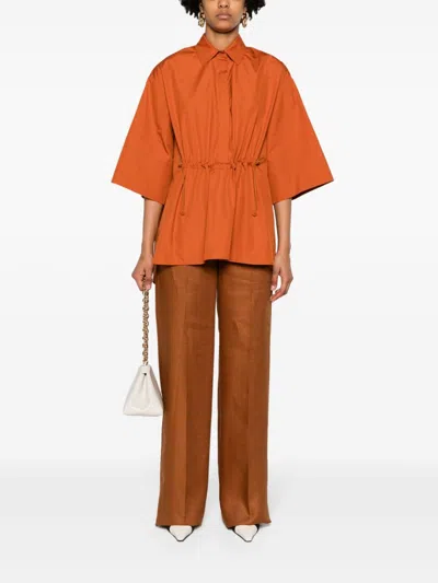 Shop Max Mara Burnt Orange Cotton Tunic Jacket With Spread Collar And Drawstring Waist In Brown