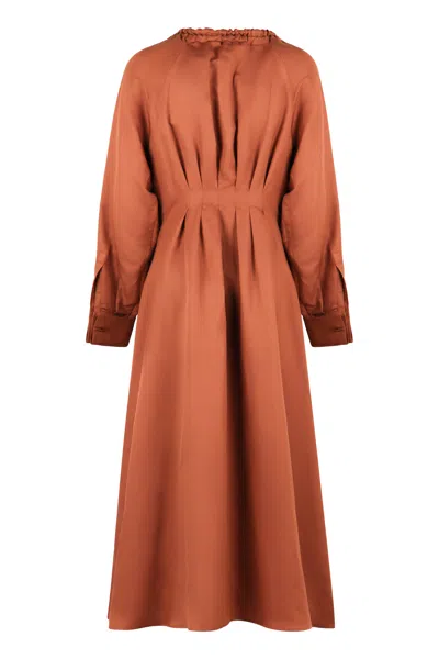 Shop Max Mara Brown V-neck Silk And Linen Dress For Women