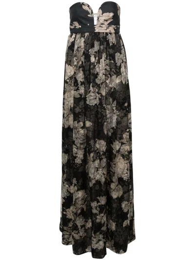 Shop Max Mara Floral Print Bustier Dress With Sheer Ruched Details In Black