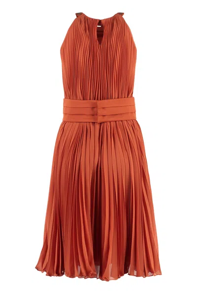 Shop Max Mara Multicolor Burnt Pleated Dress With Embroidered Neckline And Coordinated Belt, Ss23 Collection For W