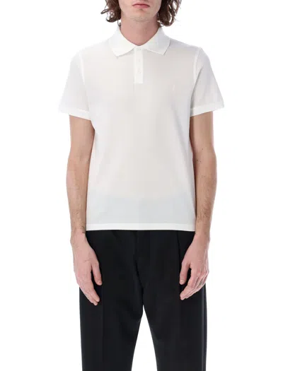 Shop Saint Laurent Men's White Cotton Piqué Polo Shirt With Tonal Logo Embroidery By