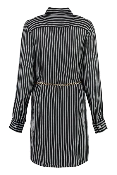 Shop Michael Michael Kors Striped Belted Shirtdress With Chain Belt And Rounded Hem In Black