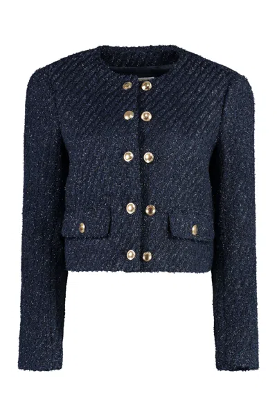 Shop Michael Michael Kors Blue Bouclé Jacket With Two Front Flap Pockets For Women (ss24)