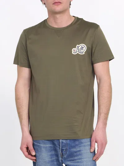 Shop Moncler Military Green Cotton Short-sleeved T-shirt With  Double Patch In Brown