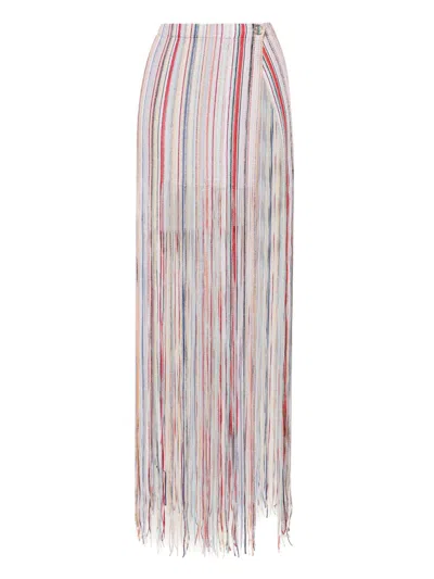 Shop Missoni Colorful Crochet Knit Striped Skirt With Fringe Detailing And Button Fastening In Multicolour