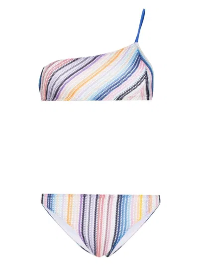 Shop Missoni One-shoulder Navy Bikini Set With Diagonal And Vertical Stripes For Women In Blue