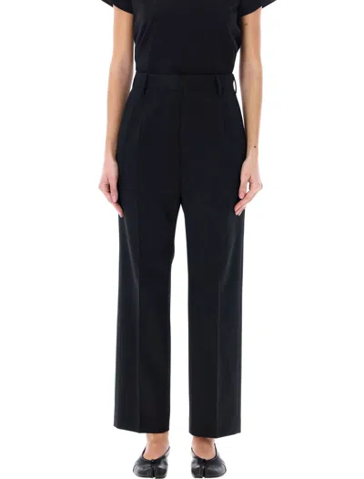 Shop Mm6 Maison Margiela Slim Tailored Trousers For Women With Tapered Leg, Central Pleats, And Button Closure In Black
