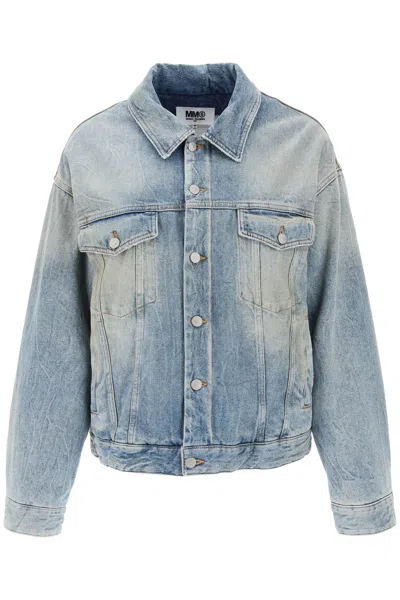 Shop Mm6 Maison Margiela Vintage Washed Padded Denim Jacket For Women In Light Blue