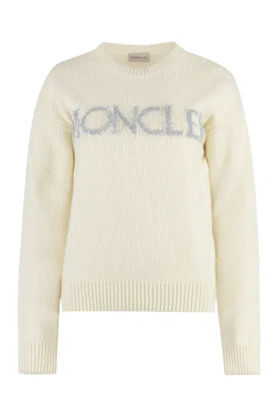 Shop Moncler White Ribbed Crew-neck Wool Sweater