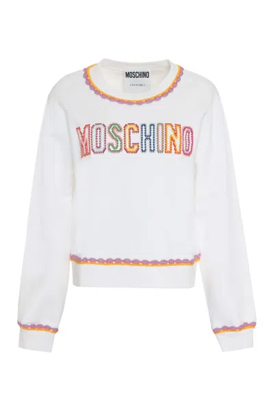 Shop Moschino Couture Organic Cotton Crochet Knit Sweatshirt With Ribbed Edges In White