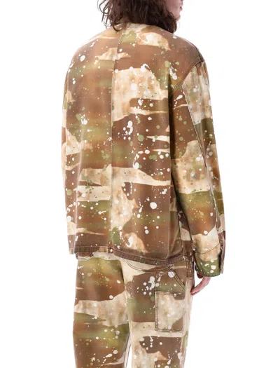 Shop Msgm Military Green Cotton Dripping Camo Shirt Jacket In Gray