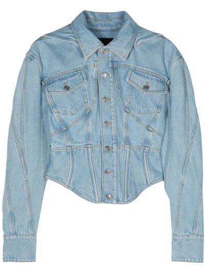 Shop Mugler Women's Blue Organic Cotton Denim Jacket With Hood And Panelled Design In Clear Blue