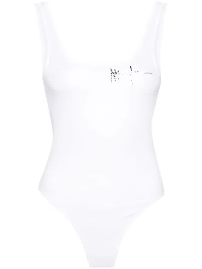 Shop Mugler White Logo Print Bodysuit For Women