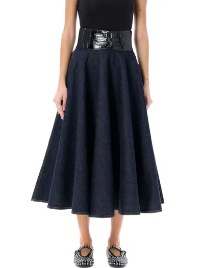 Shop Alaïa Navy High Waist Denim Skirt With Croco Belt By Alaia In Blue