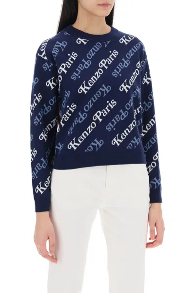 Shop Kenzo Navy Sweater With Revisited Jacquard  Paris Pattern In Blue