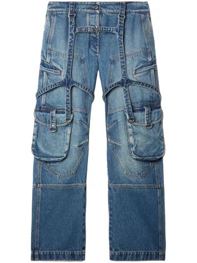 Shop Off-white Distressed Cotton Denim Cargo Jeans With Harness Details In Blue