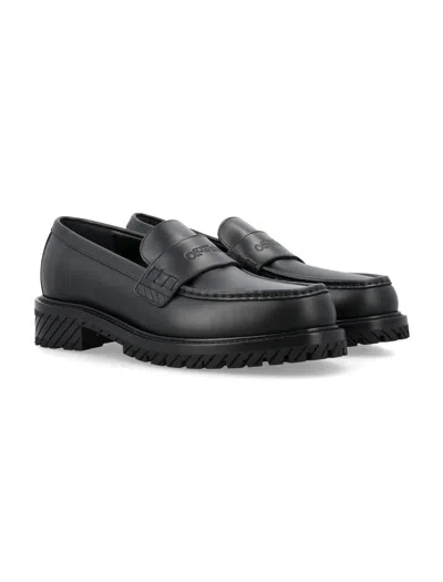 Shop Off-white Men's Black Leather Military Loafers With Classic Logo And Diagonal Rubber Sole