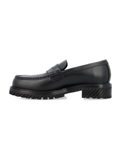 Shop Off-white Men's Black Leather Military Loafers With Classic Logo And Diagonal Rubber Sole